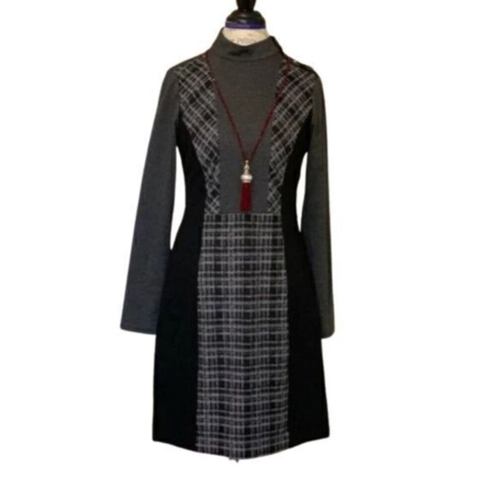 VINCE CAMUTO EUC Knit Tweed Black Checkered Midi Dress US 8